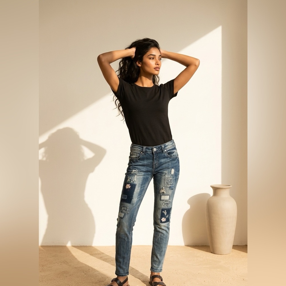 Grace Patch Detail Skinny Jeans - Blue